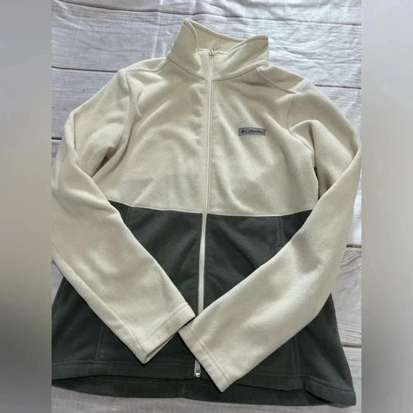 Columbia Fleece Jacket Full Zip Color block Cream Gray Medium EUC - Picture 1 of 7